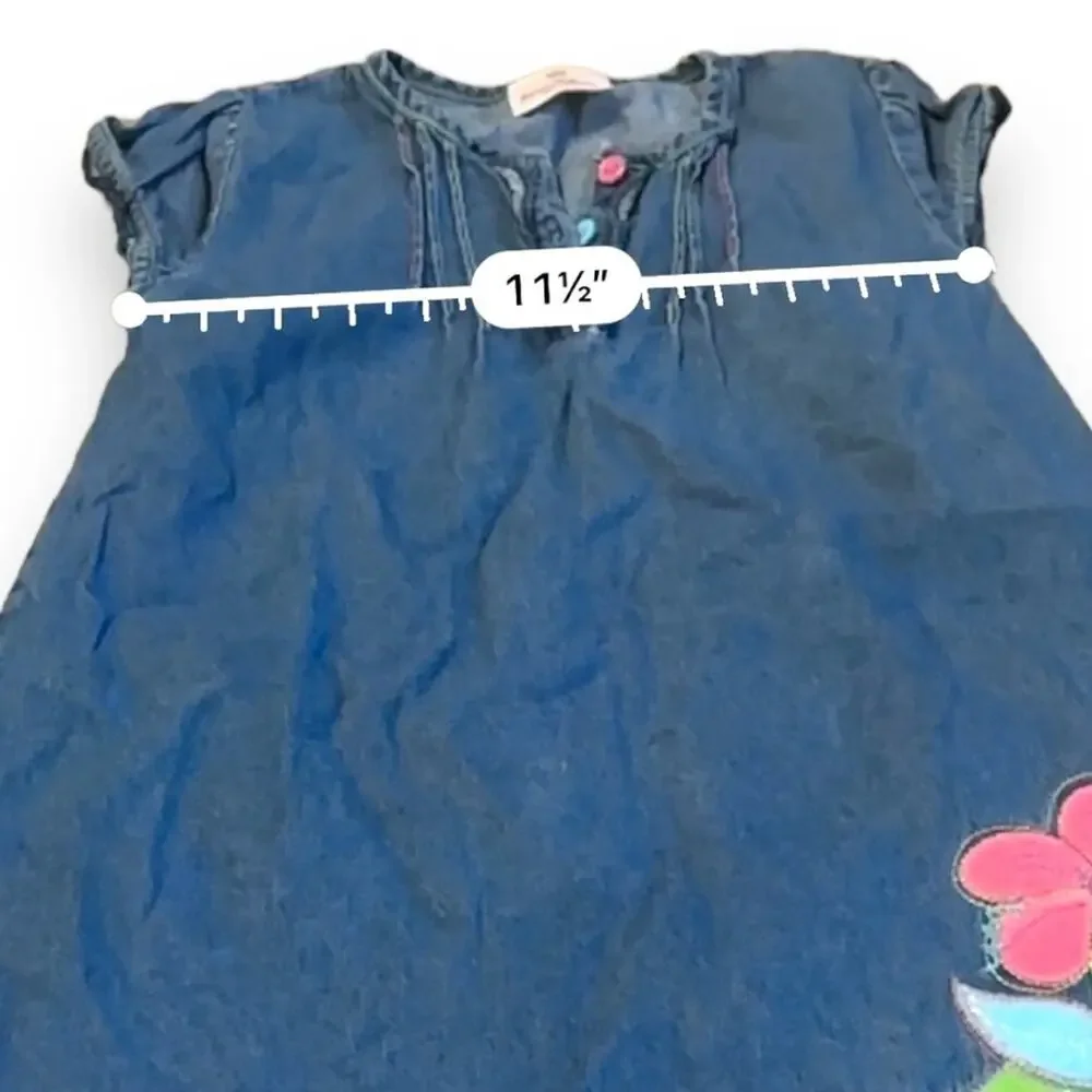 Hanna Andersson Blue Denim Flower Embroidered Short‎ Sleeve Dress Sz 100 (US 4)